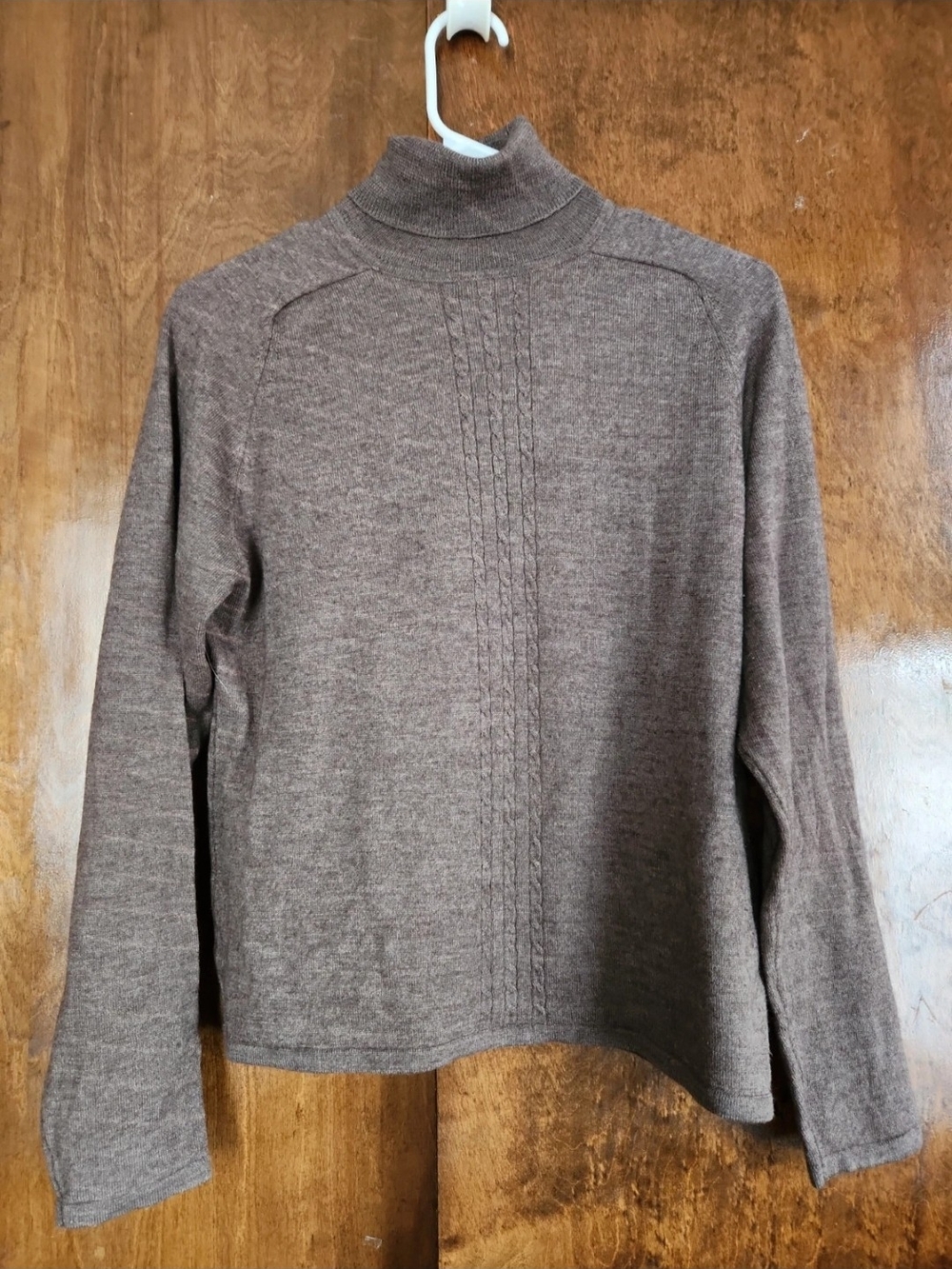 Rafaella Brown Merino Turtle Neck Cable-Front Sweater